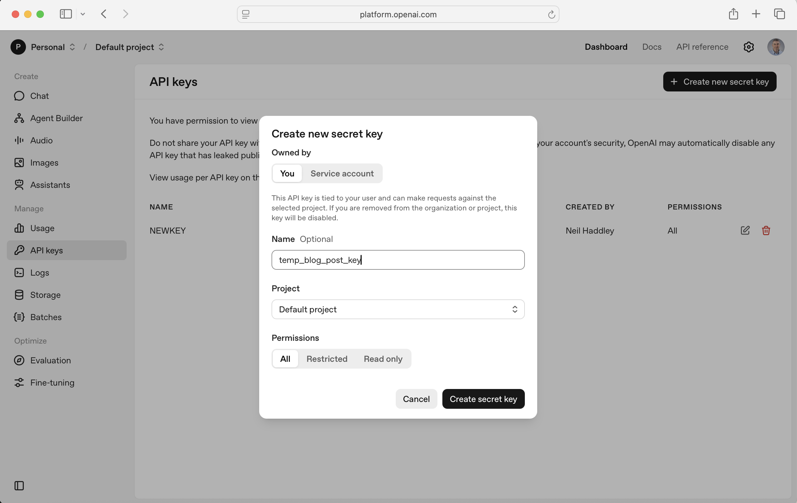 I create a temporary OpenAI key